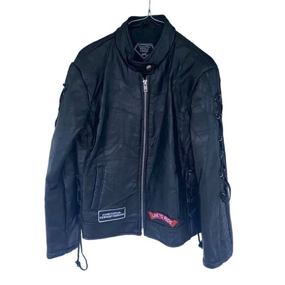 Diamond Plate Buffalo Leather Patchwork Motorcycle Mens Jacket American Flag Med - Picture 2 of 6